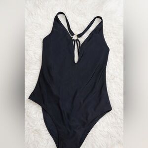 Black One-Piece Swimsuit with Open Back & Ring Detail